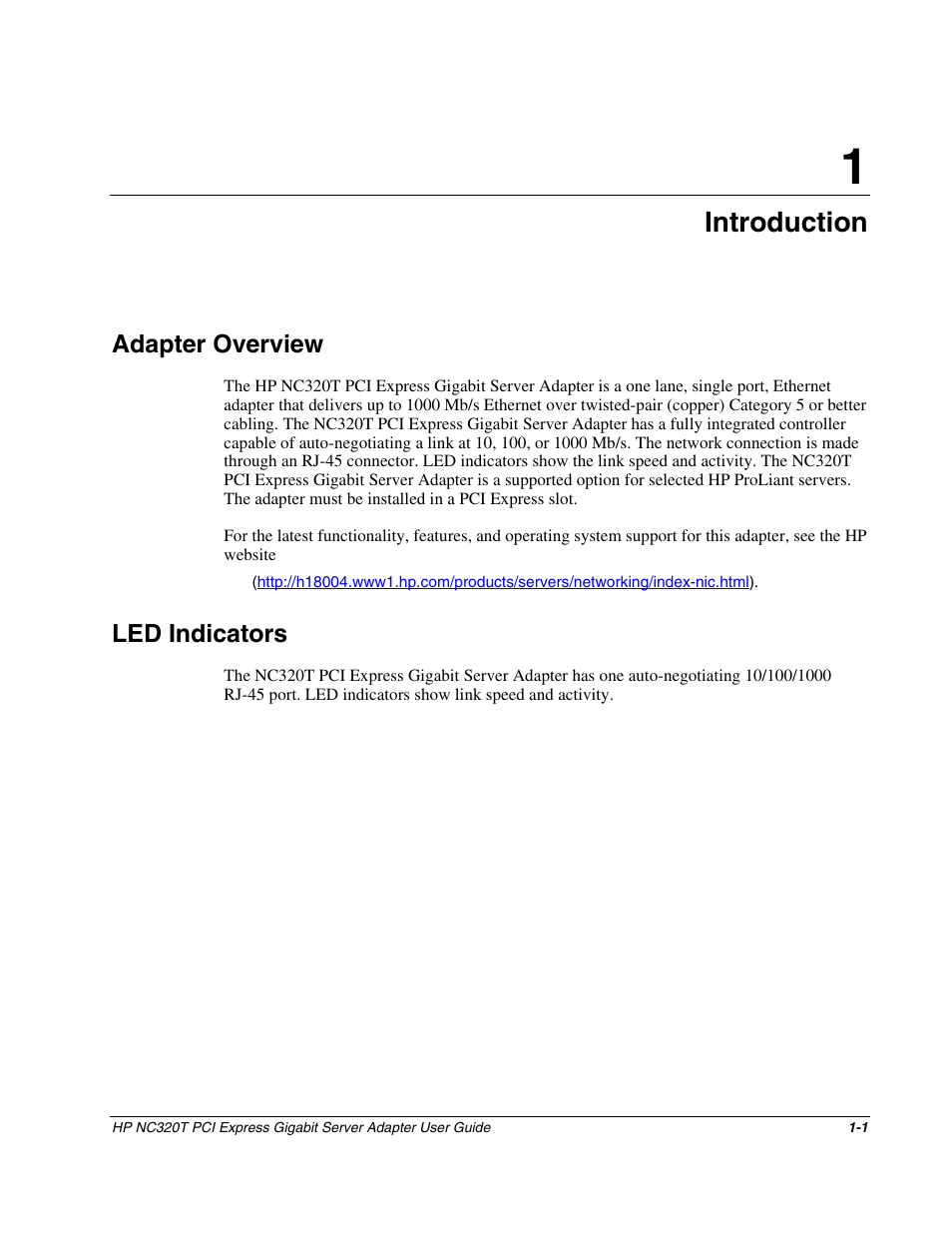 Chapter 1: introduction, Adapter overview, Led indicators | Chapter 1, Introduction, Adapter overview -1, Led indicators -1 | HP NC320T PCI Express Gigabit Server Adapter User Manual | Page 7 / 21