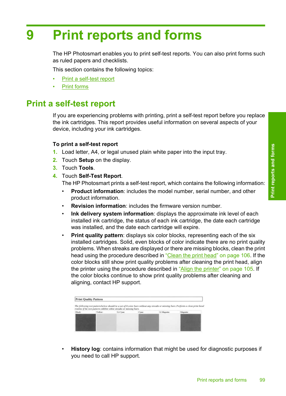 Print reports and forms, Print a self-test report, 9 print reports and forms | 9print reports and forms | HP Photosmart D7460 Printer User Manual | Page 100 / 191