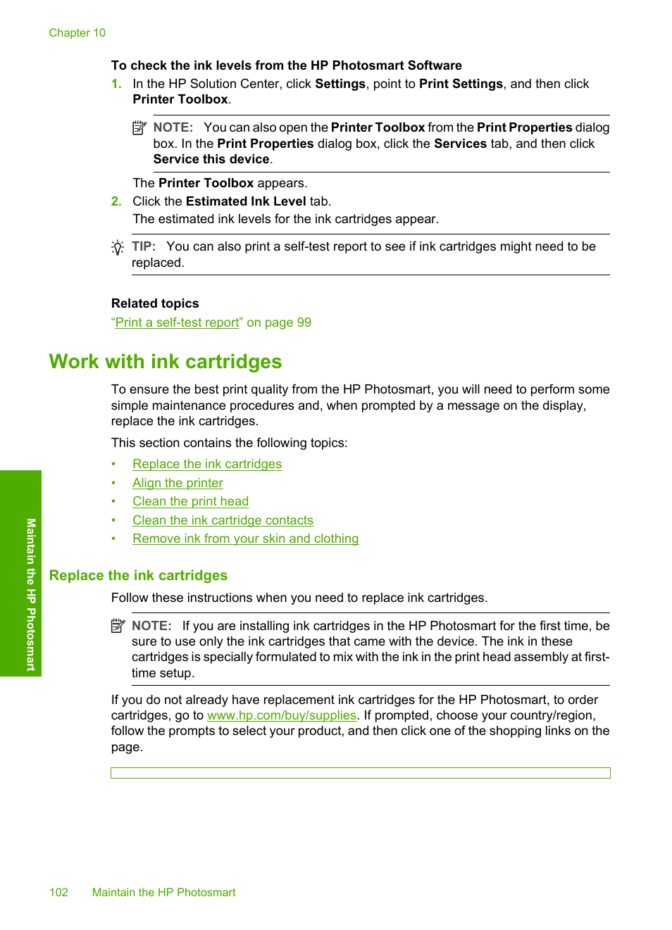 Work with ink cartridges, Replace the ink cartridges | HP Photosmart D7460 Printer User Manual | Page 103 / 191