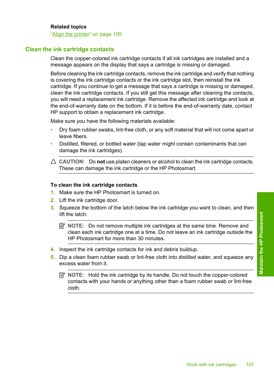 Clean the ink cartridge contacts | HP Photosmart D7460 Printer User Manual | Page 108 / 191