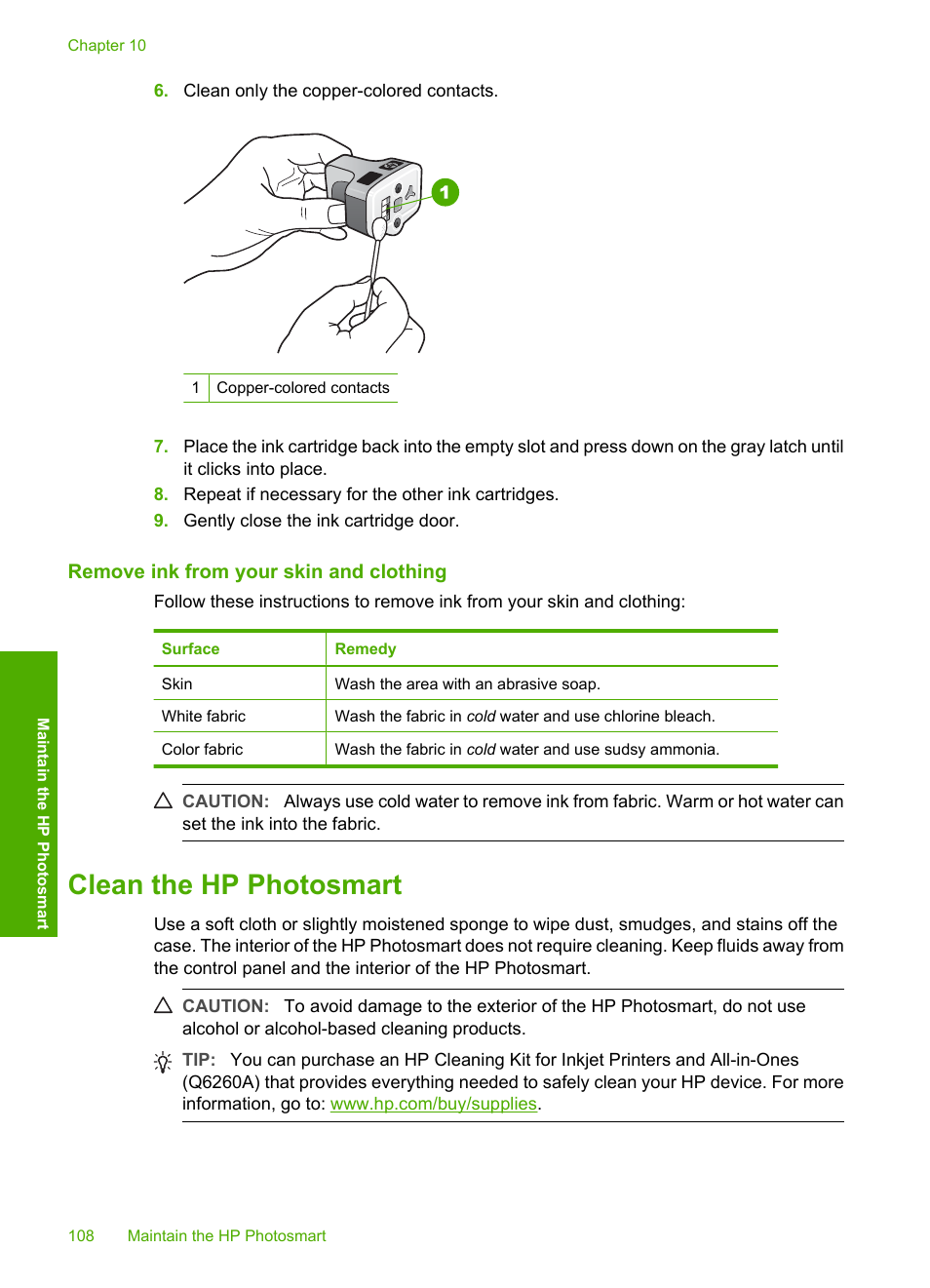 Remove ink from your skin and clothing, Clean the hp photosmart | HP Photosmart D7460 Printer User Manual | Page 109 / 191