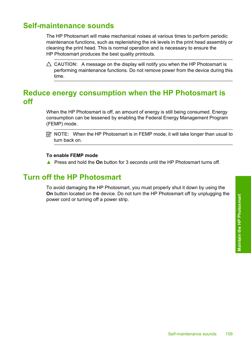 Self-maintenance sounds, Turn off the hp photosmart | HP Photosmart D7460 Printer User Manual | Page 110 / 191