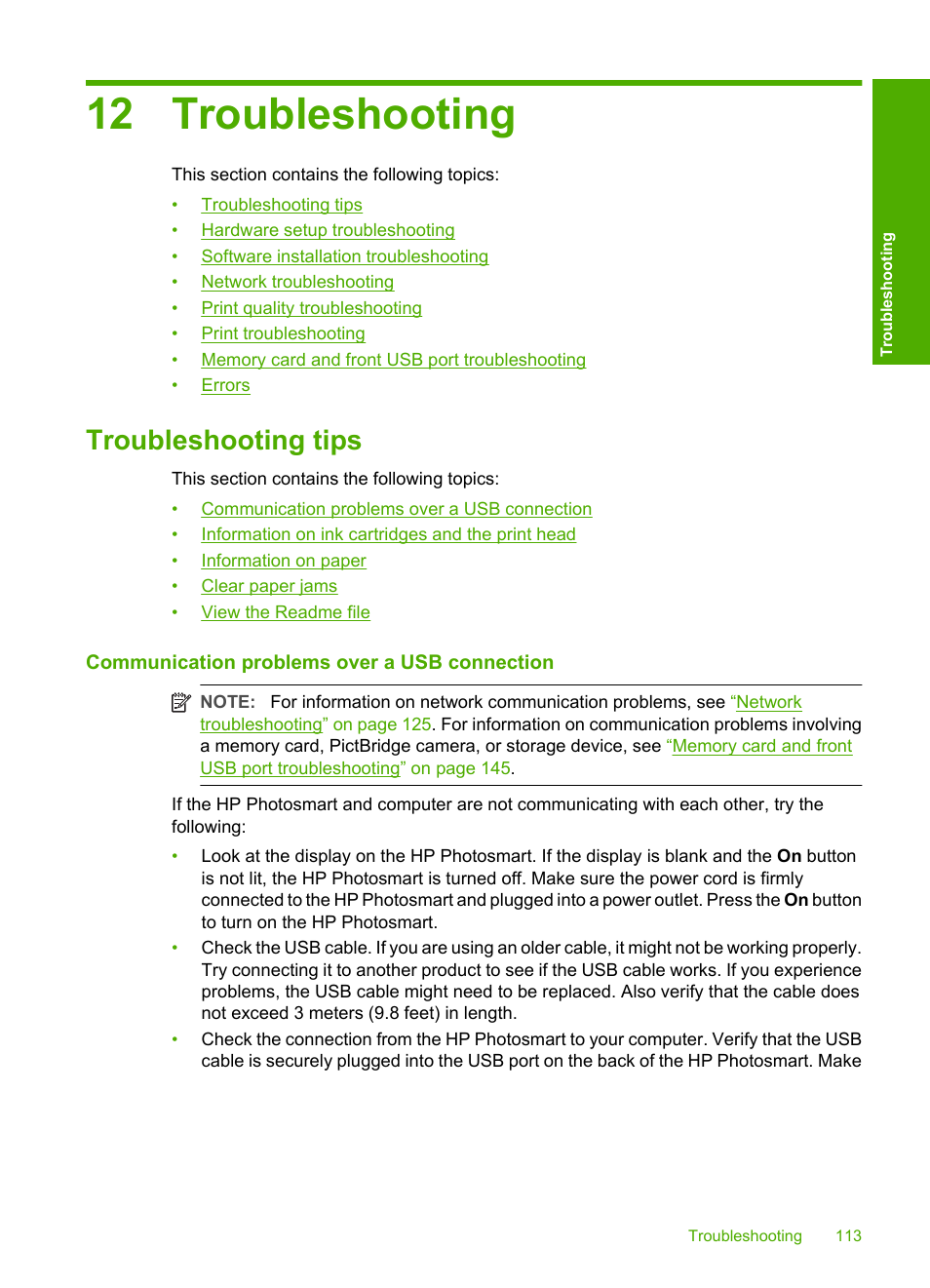 Troubleshooting, Troubleshooting tips, Communication problems over a usb connection | 12 troubleshooting | HP Photosmart D7460 Printer User Manual | Page 114 / 191