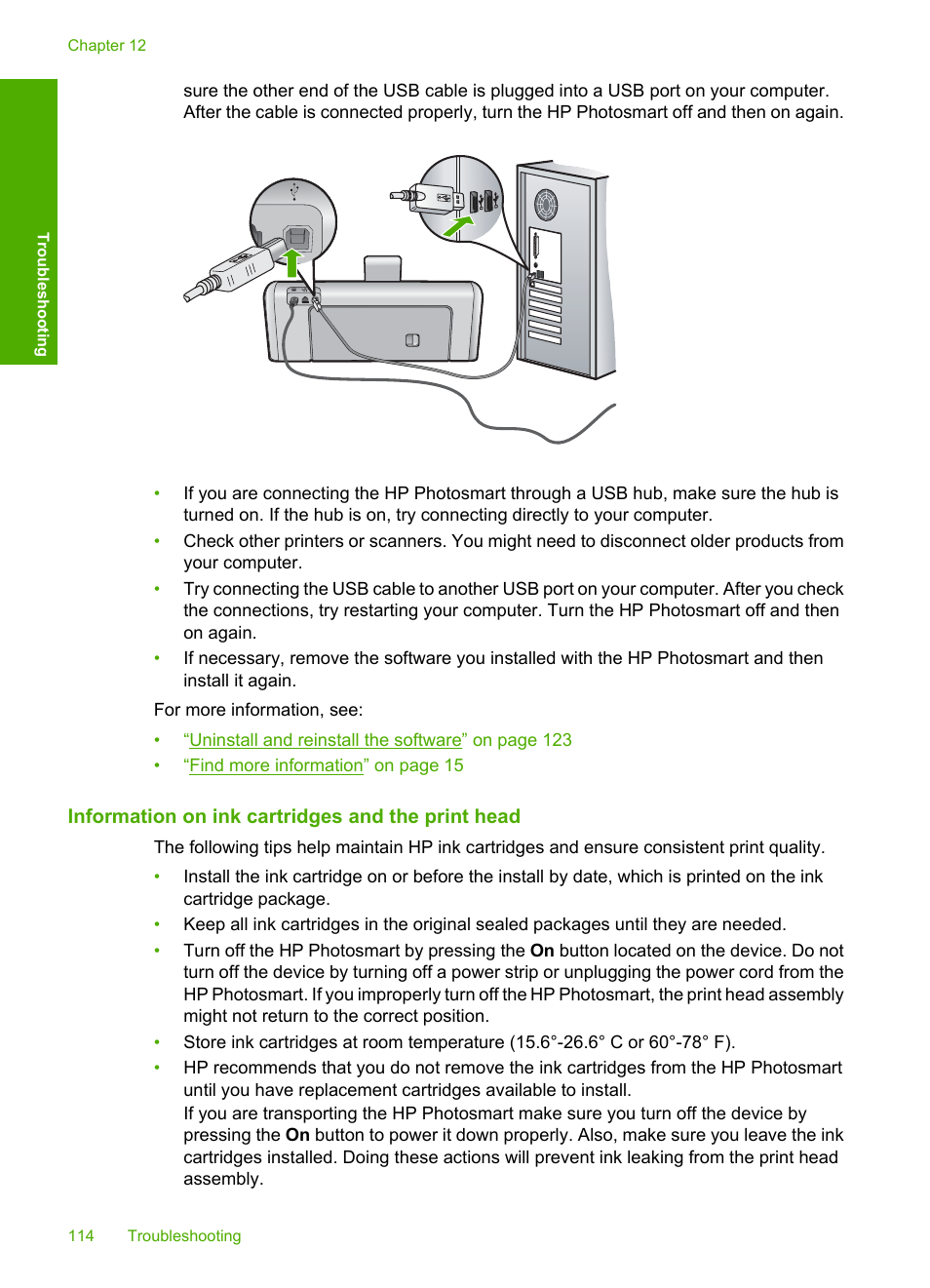 Information on ink cartridges and the print head | HP Photosmart D7460 Printer User Manual | Page 115 / 191