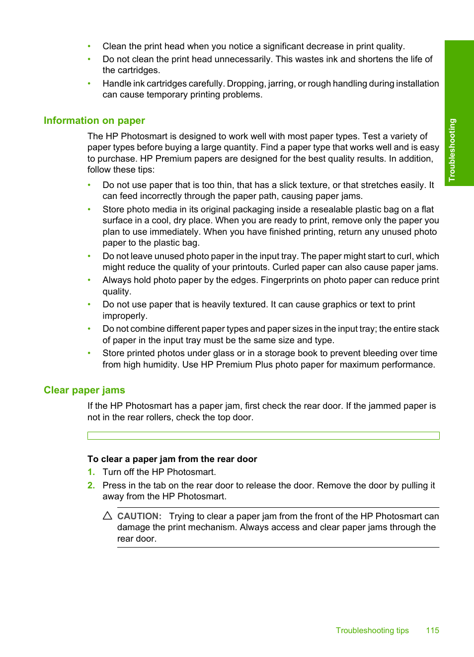 Information on paper, Clear paper jams | HP Photosmart D7460 Printer User Manual | Page 116 / 191