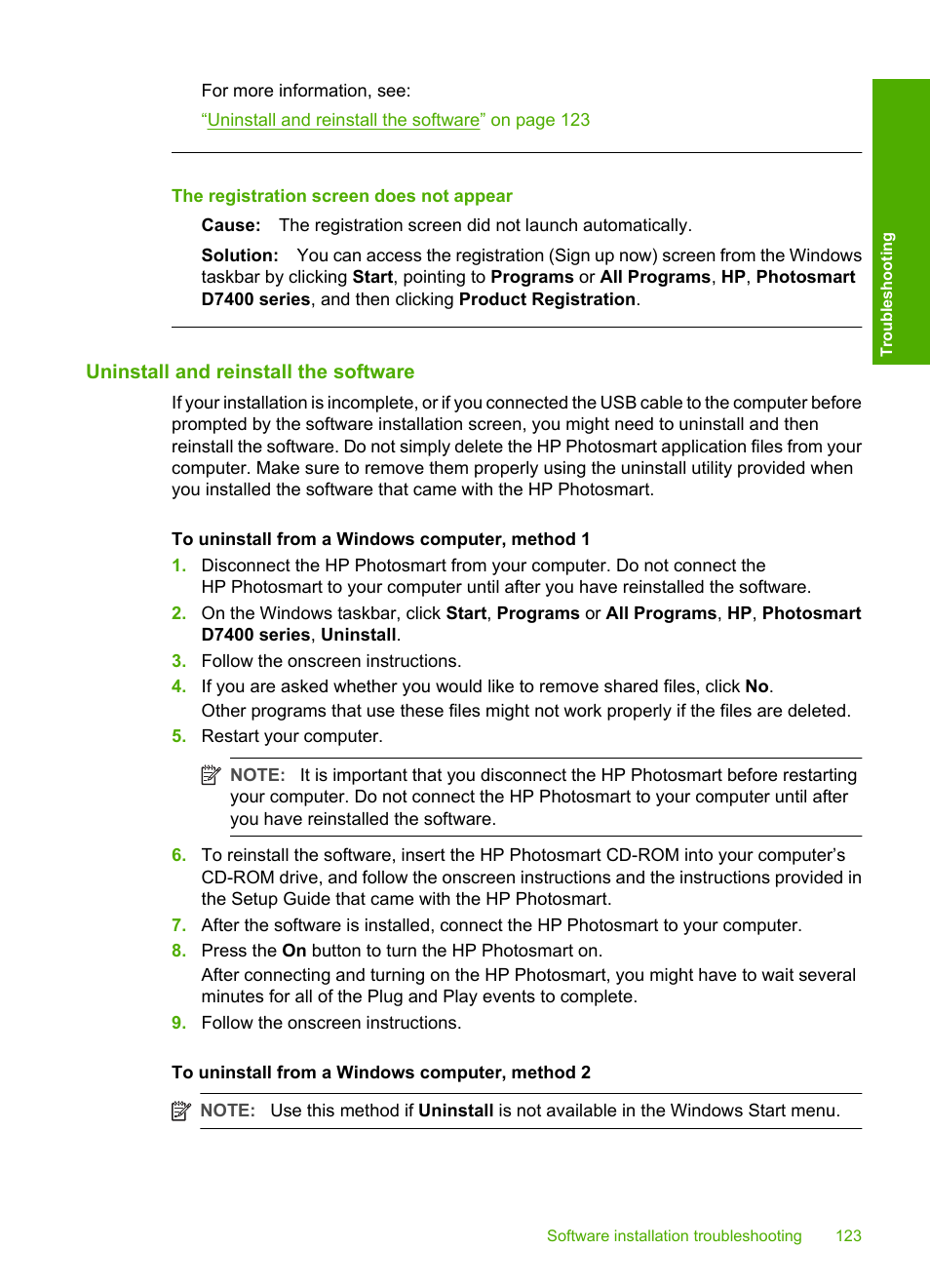 Uninstall and reinstall the software, The registration screen does not appear | HP Photosmart D7460 Printer User Manual | Page 124 / 191