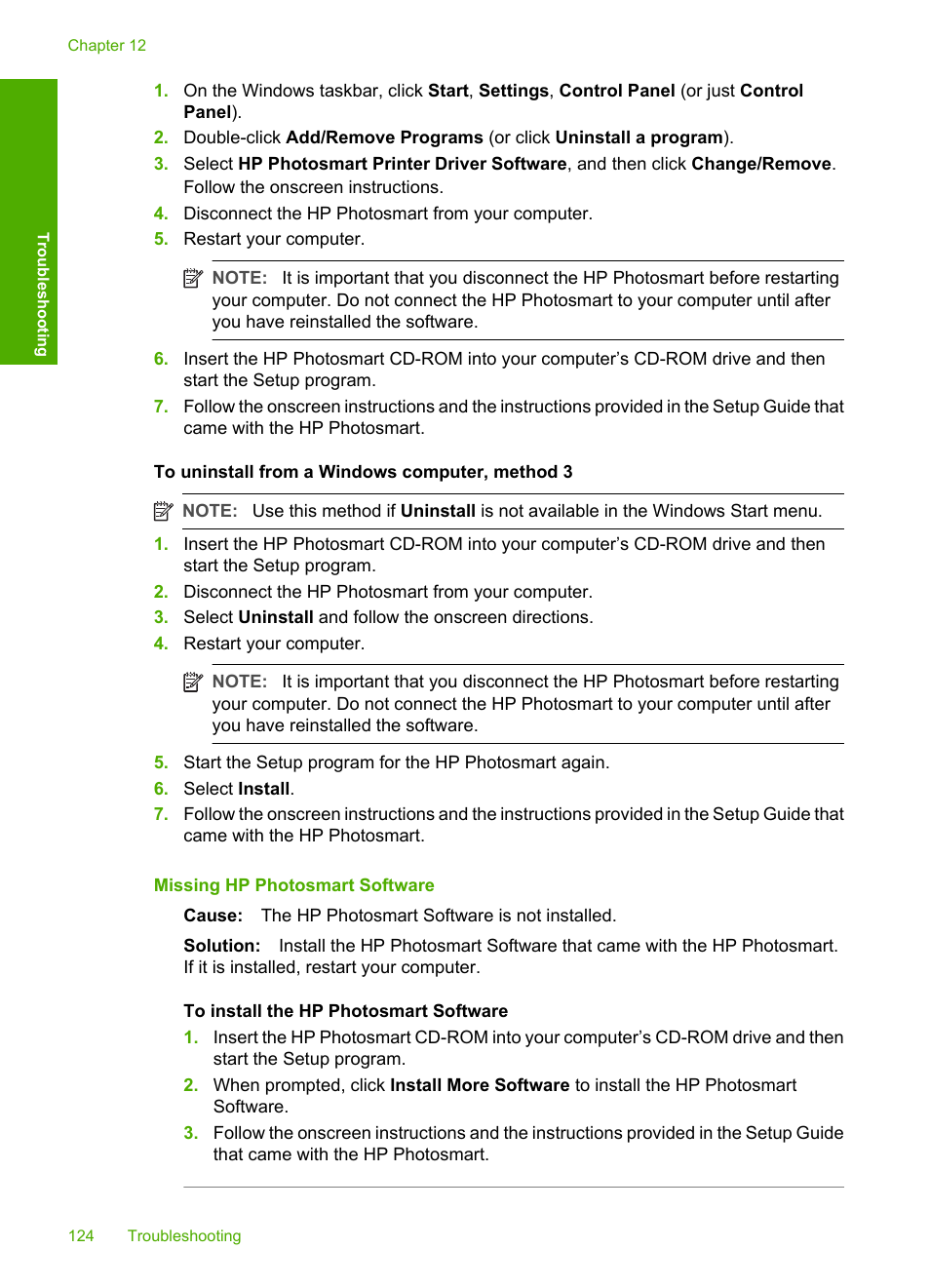 Missing hp photosmart software | HP Photosmart D7460 Printer User Manual | Page 125 / 191