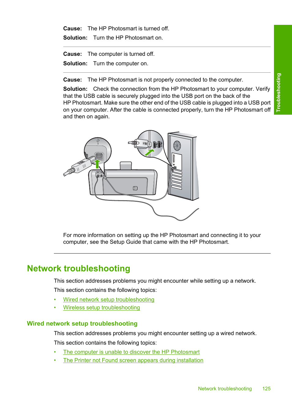 Network troubleshooting, Wired network setup troubleshooting, Network | HP Photosmart D7460 Printer User Manual | Page 126 / 191