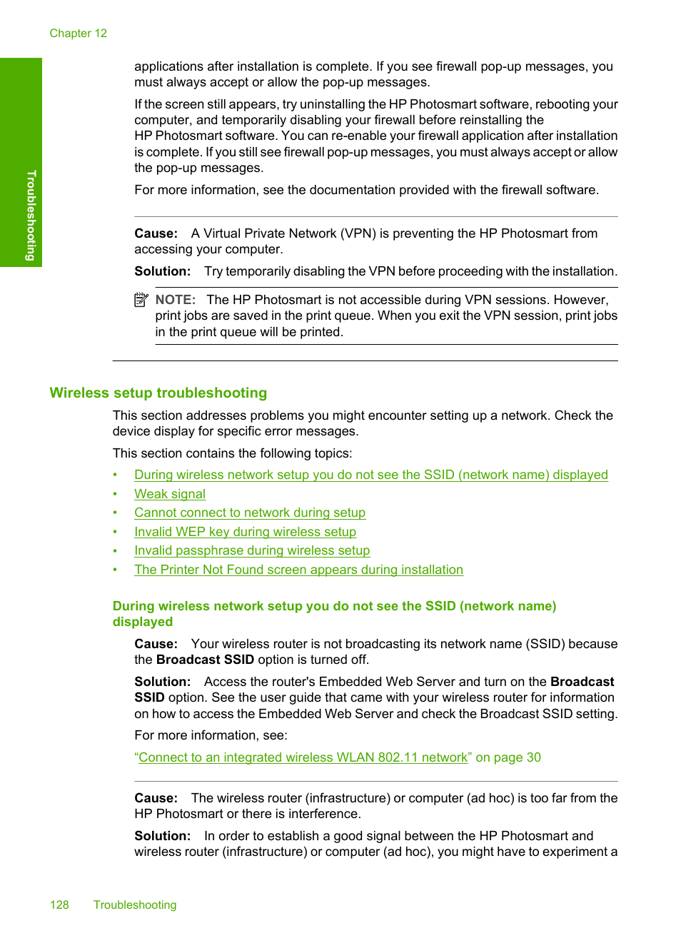 Wireless setup troubleshooting | HP Photosmart D7460 Printer User Manual | Page 129 / 191