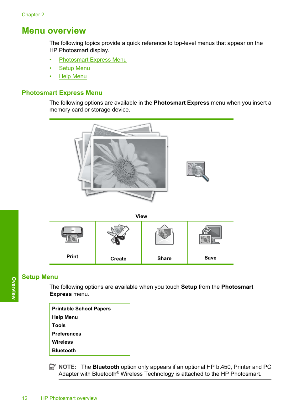 Menu overview, Photosmart express menu, Setup menu | Photosmart express menu setup menu help menu | HP Photosmart D7460 Printer User Manual | Page 13 / 191