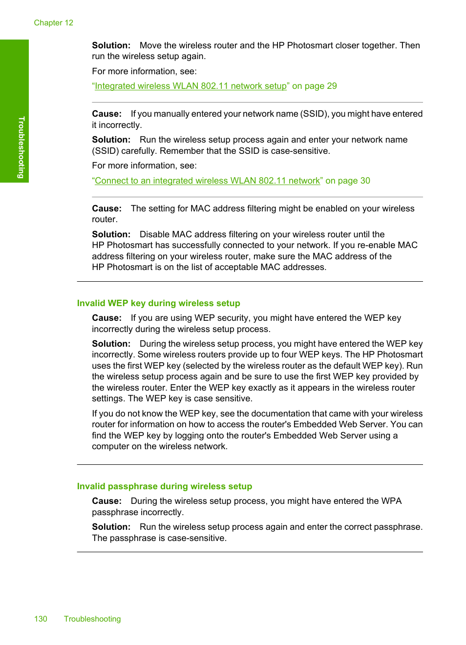 Invalid wep key during wireless setup, Invalid passphrase during wireless setup | HP Photosmart D7460 Printer User Manual | Page 131 / 191