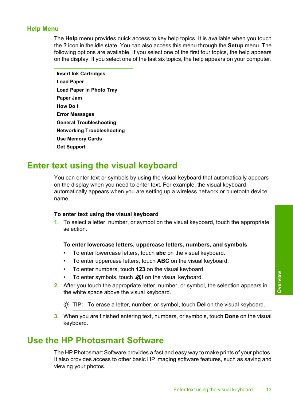 Help menu, Enter text using the visual keyboard, Use the hp photosmart software | HP Photosmart D7460 Printer User Manual | Page 14 / 191