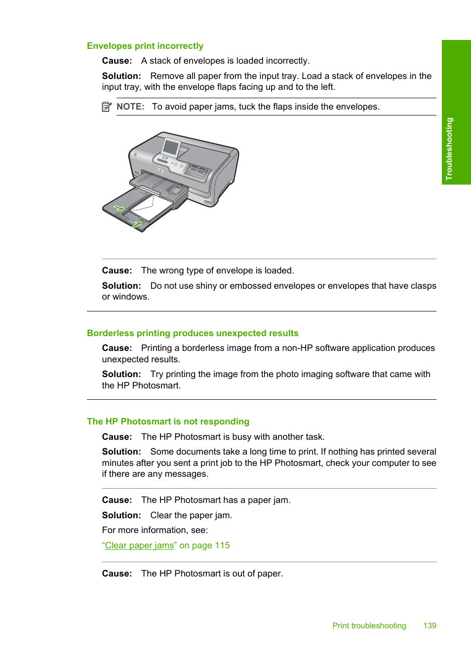 Envelopes print incorrectly, Borderless printing produces unexpected results, The hp photosmart is not responding | HP Photosmart D7460 Printer User Manual | Page 140 / 191