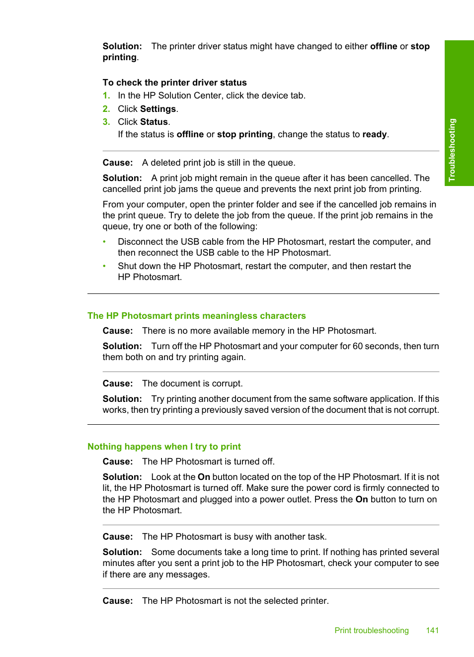 The hp photosmart prints meaningless characters, Nothing happens when i try to print | HP Photosmart D7460 Printer User Manual | Page 142 / 191