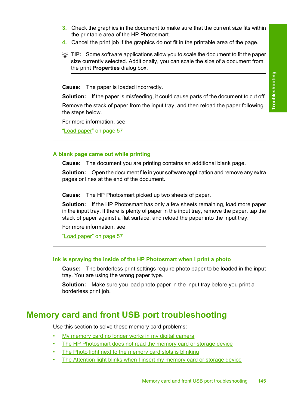 Memory card and front usb port troubleshooting, Ra, or storage device, see, Memory card and front | HP Photosmart D7460 Printer User Manual | Page 146 / 191