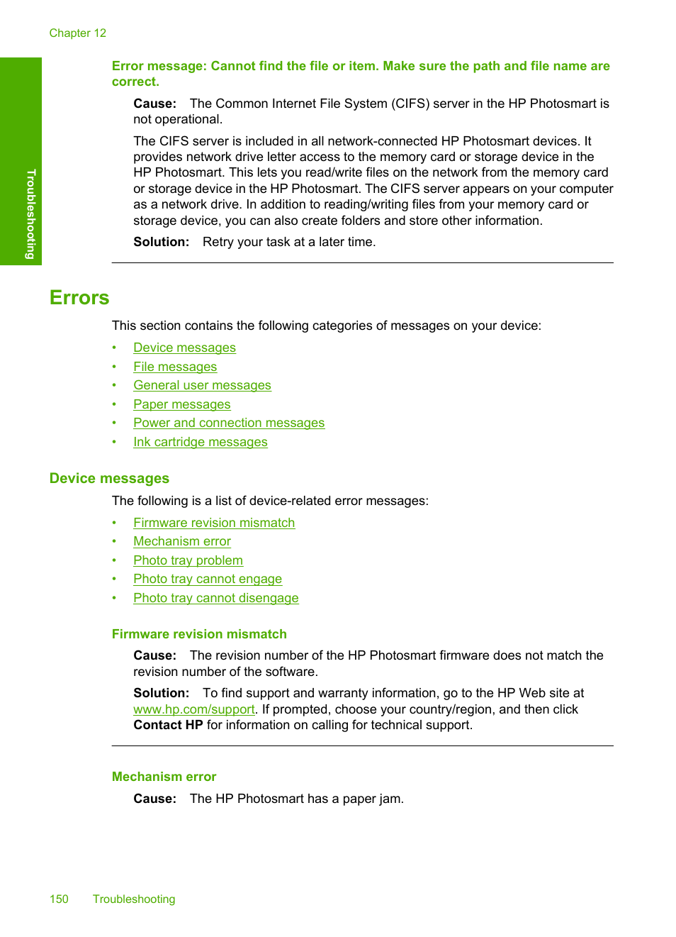 Errors, Device messages, Device messages file messages | Supported file types for the hp photosmart | HP Photosmart D7460 Printer User Manual | Page 151 / 191