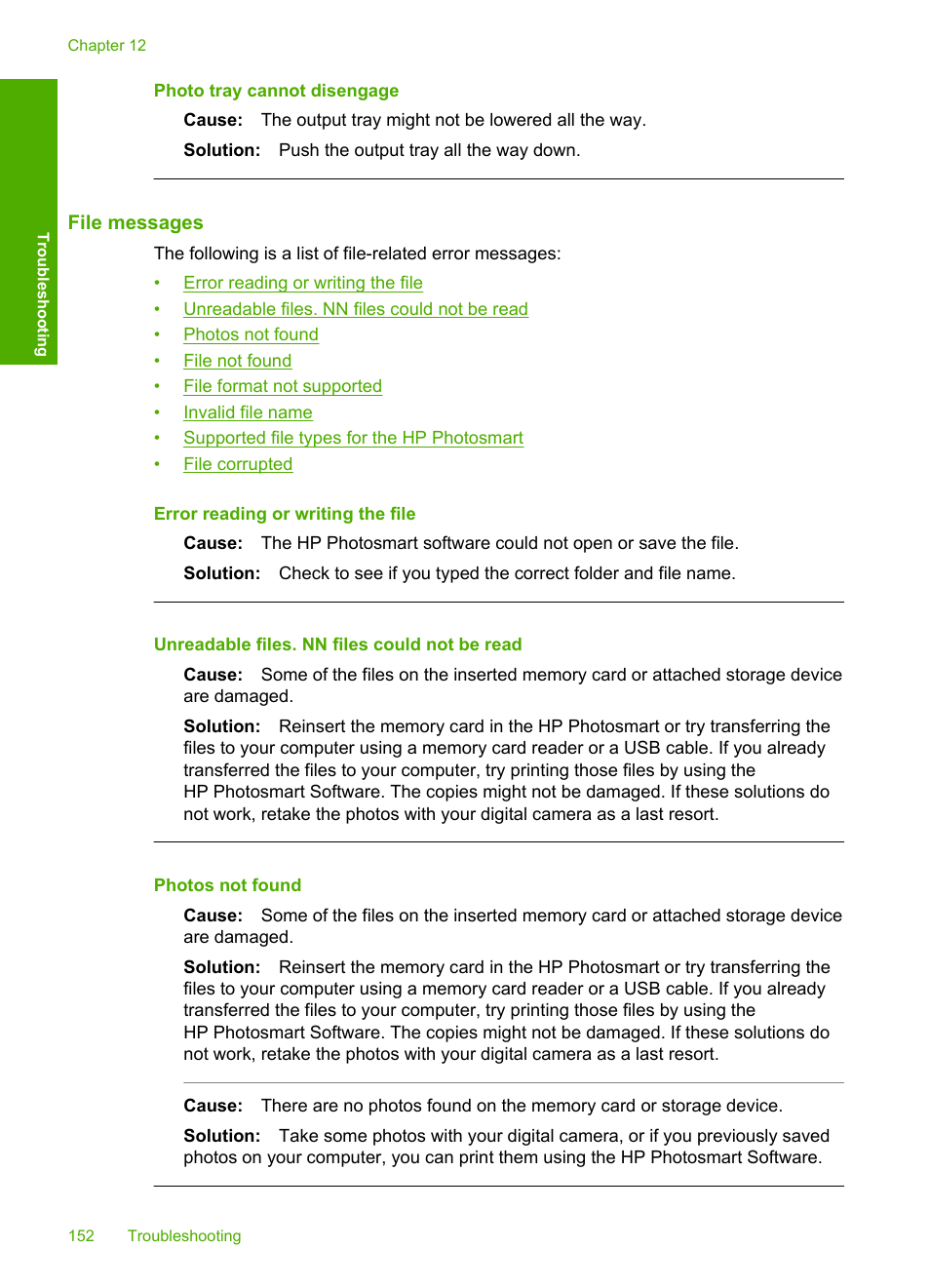 File messages, Photo tray cannot disengage | HP Photosmart D7460 Printer User Manual | Page 153 / 191