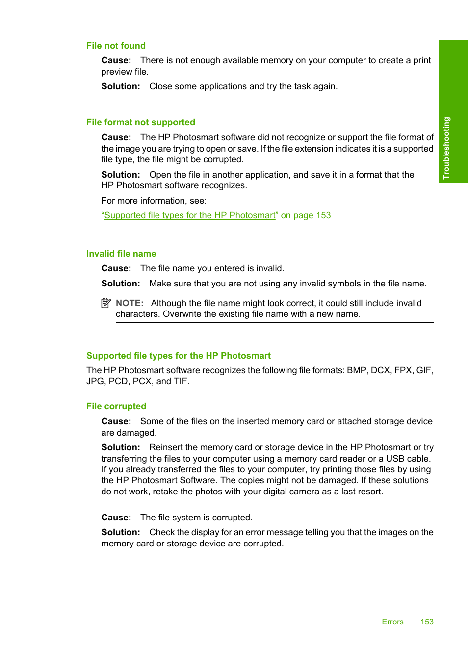 Supported file types for the hp photosmart, File not found, File format not supported | Invalid file name, File corrupted | HP Photosmart D7460 Printer User Manual | Page 154 / 191