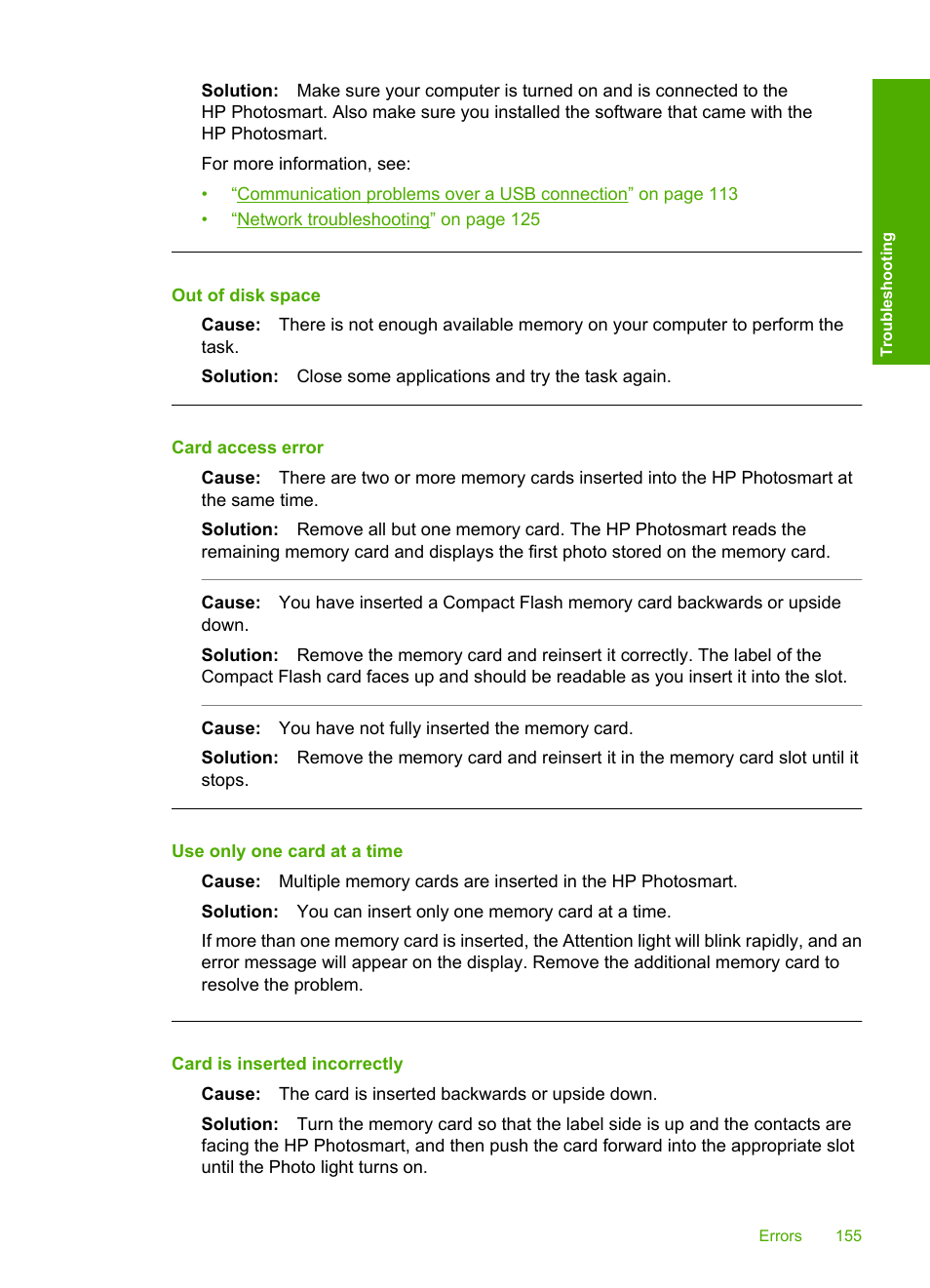 Out of disk space, Card access error, Use only one card at a time | Card is inserted incorrectly | HP Photosmart D7460 Printer User Manual | Page 156 / 191