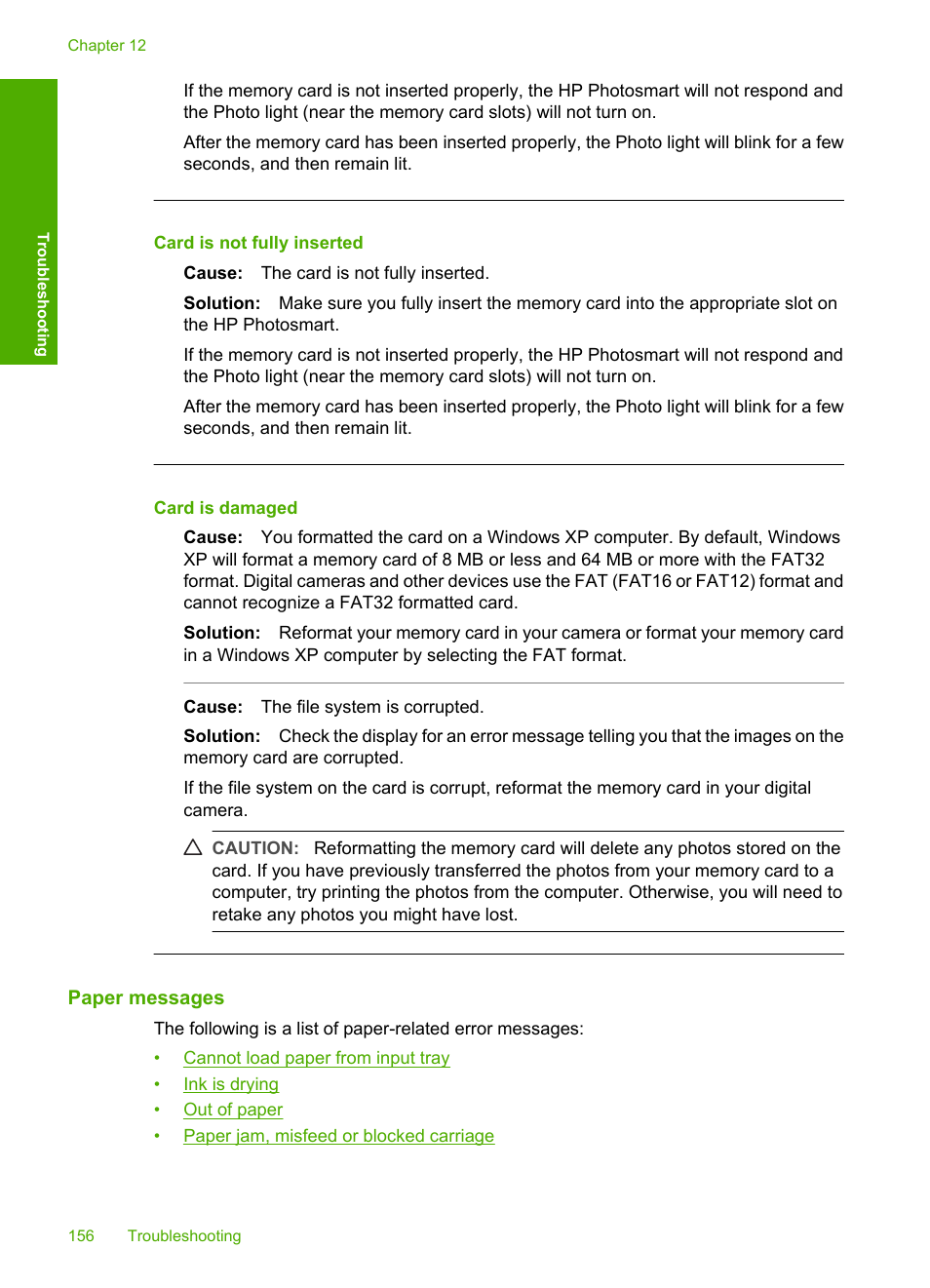 Paper messages, Card is not fully inserted, Card is damaged | HP Photosmart D7460 Printer User Manual | Page 157 / 191