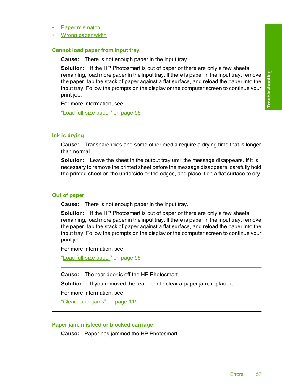 Cannot load paper from input tray, Ink is drying, Out of paper | Paper jam, misfeed or blocked carriage | HP Photosmart D7460 Printer User Manual | Page 158 / 191