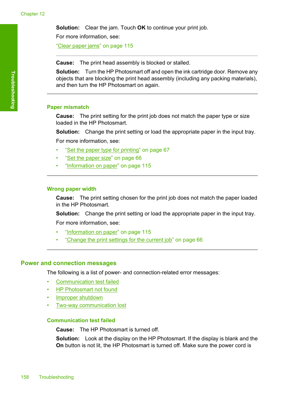 Power and connection messages, Paper mismatch, Wrong paper width | HP Photosmart D7460 Printer User Manual | Page 159 / 191