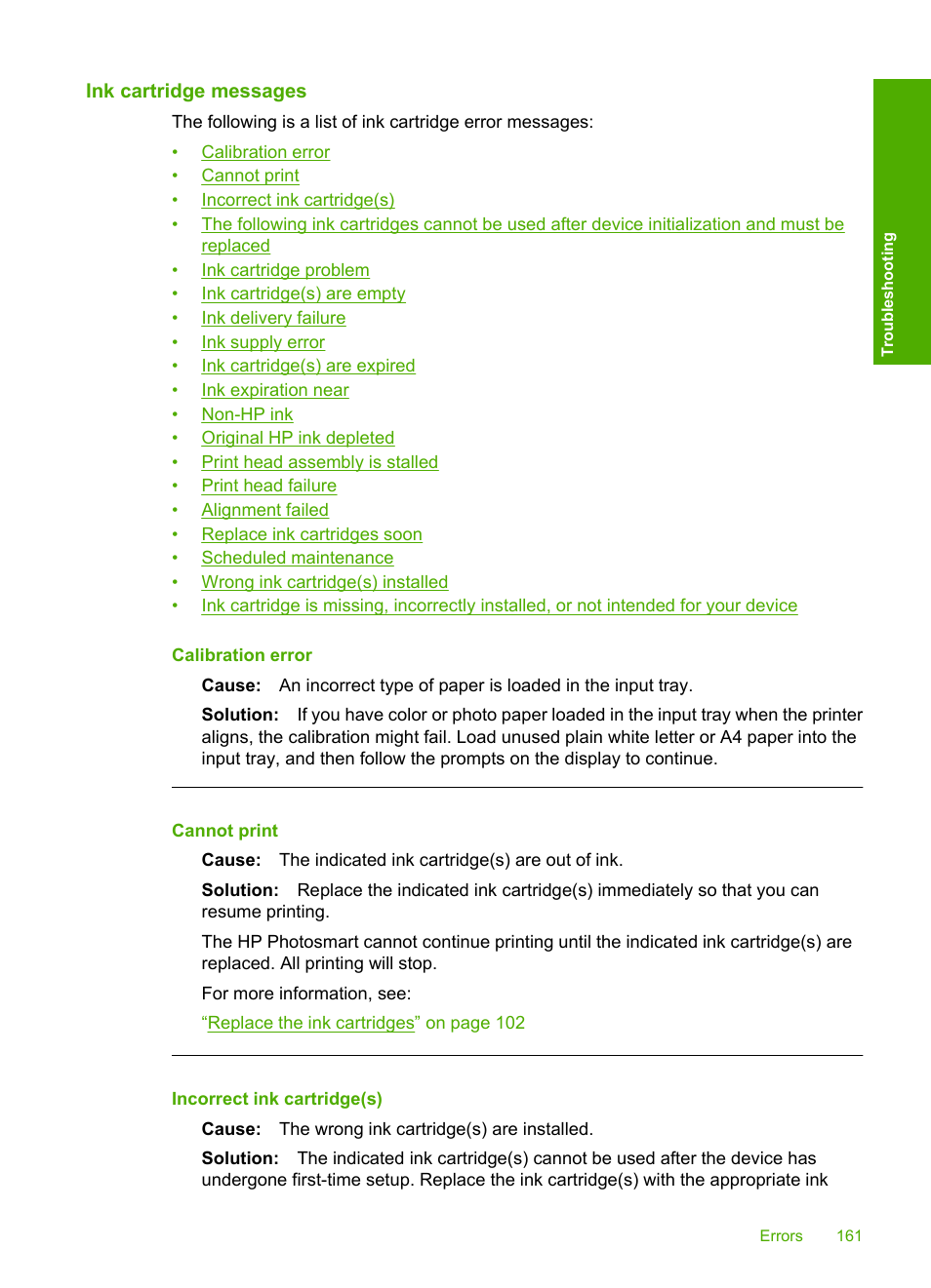 Ink cartridge messages | HP Photosmart D7460 Printer User Manual | Page 162 / 191