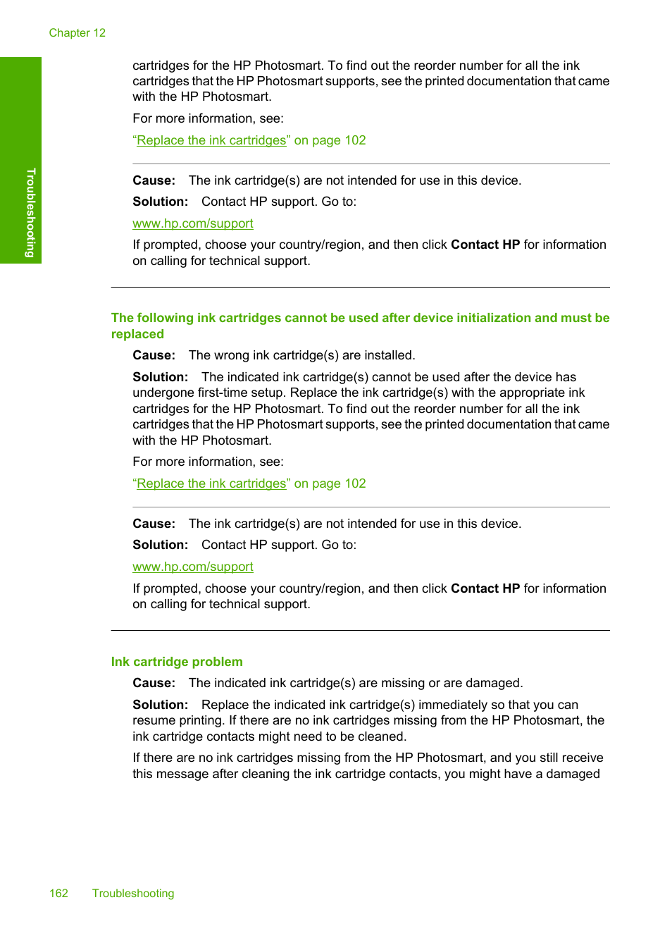 Ink cartridge problem | HP Photosmart D7460 Printer User Manual | Page 163 / 191