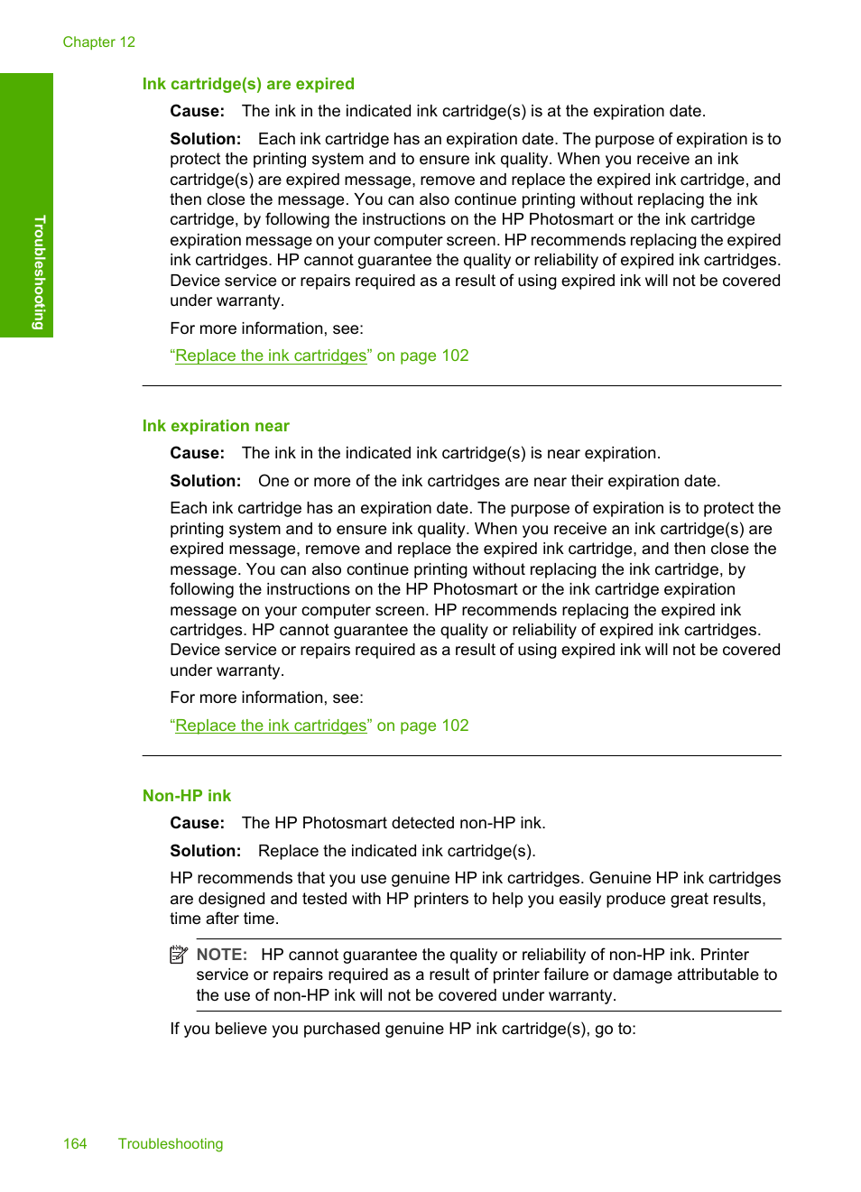 Ink cartridge(s) are expired, Ink expiration near, Non-hp ink | HP Photosmart D7460 Printer User Manual | Page 165 / 191