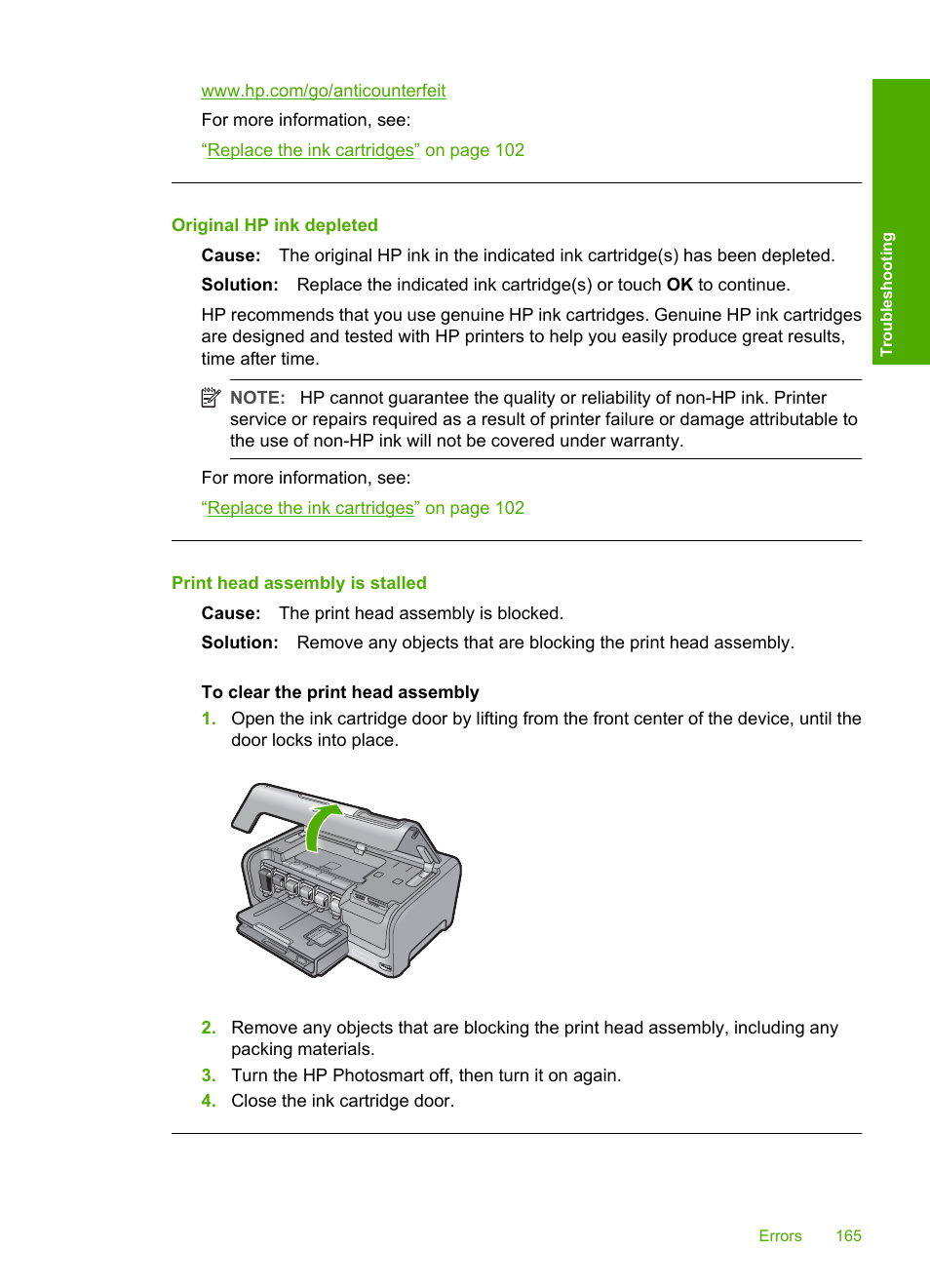 Original hp ink depleted, Print head assembly is stalled | HP Photosmart D7460 Printer User Manual | Page 166 / 191