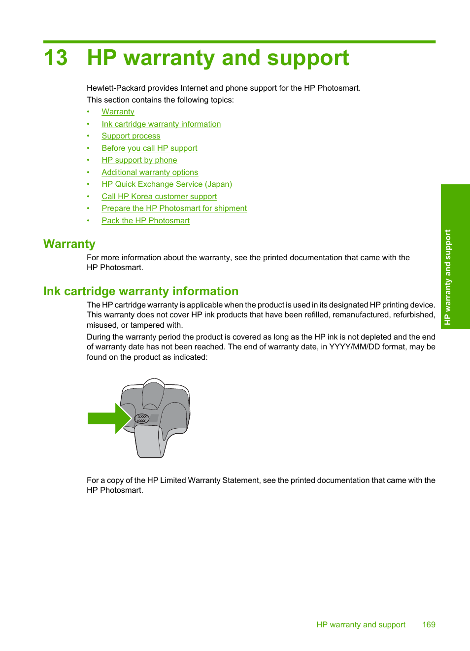 Hp warranty and support, Warranty, Ink cartridge warranty information | 13 hp warranty and support, Warranty ink cartridge warranty information | HP Photosmart D7460 Printer User Manual | Page 170 / 191