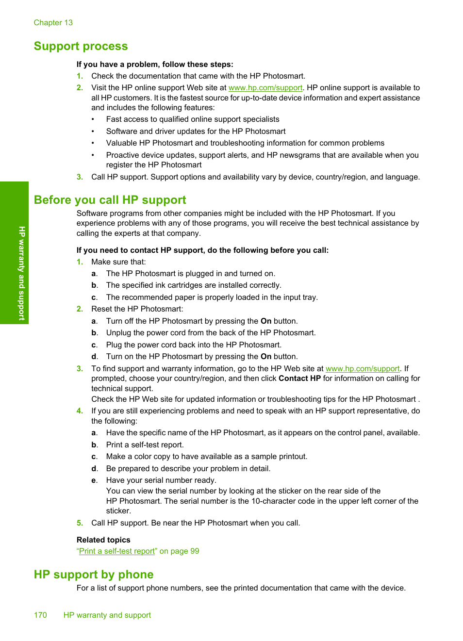 Support process, Before you call hp support, Hp support by phone | HP Photosmart D7460 Printer User Manual | Page 171 / 191