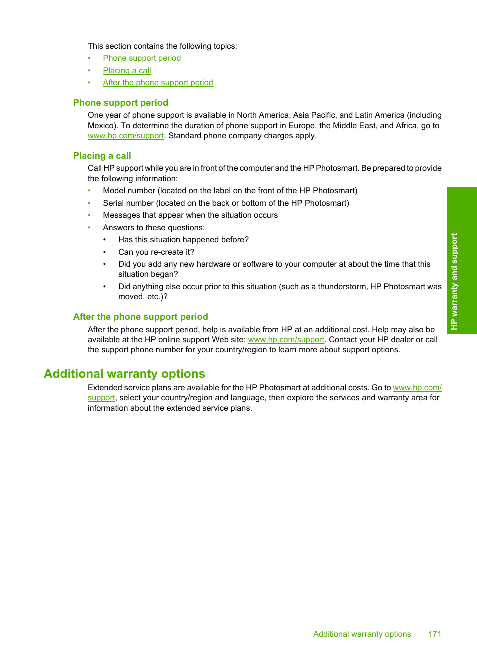 Phone support period, Placing a call, After the phone support period | Additional warranty options | HP Photosmart D7460 Printer User Manual | Page 172 / 191