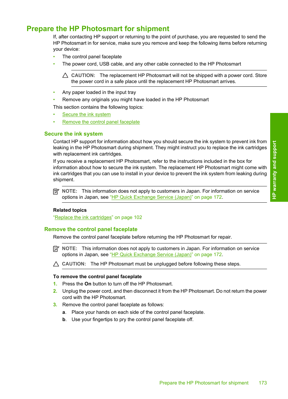 Prepare the hp photosmart for shipment, Secure the ink system, Remove the control panel faceplate | HP Photosmart D7460 Printer User Manual | Page 174 / 191