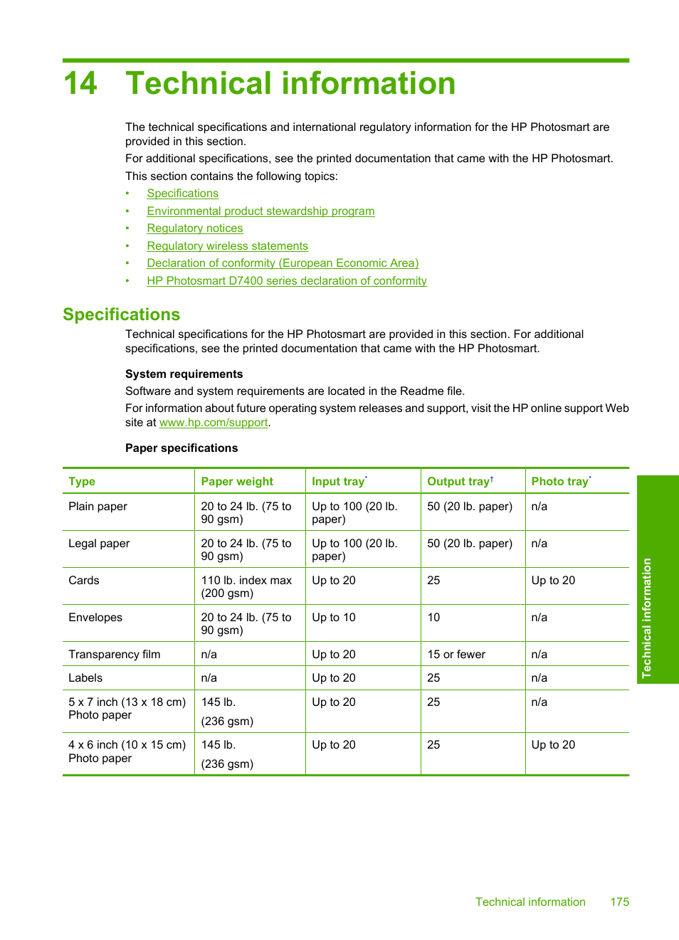 Technical information, Specifications, 14 technical information | Or in | HP Photosmart D7460 Printer User Manual | Page 176 / 191