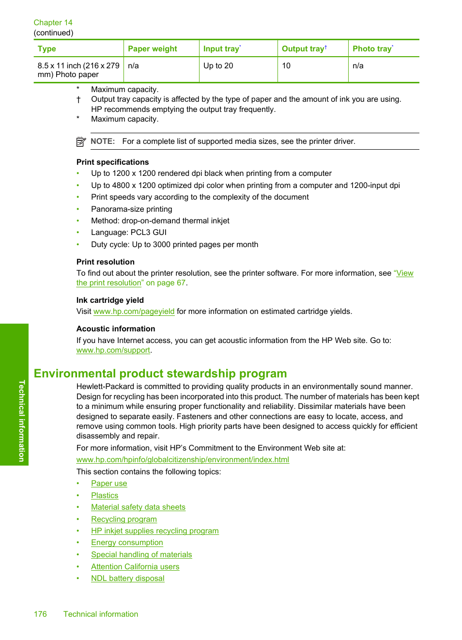 Environmental product stewardship program, T tray | HP Photosmart D7460 Printer User Manual | Page 177 / 191