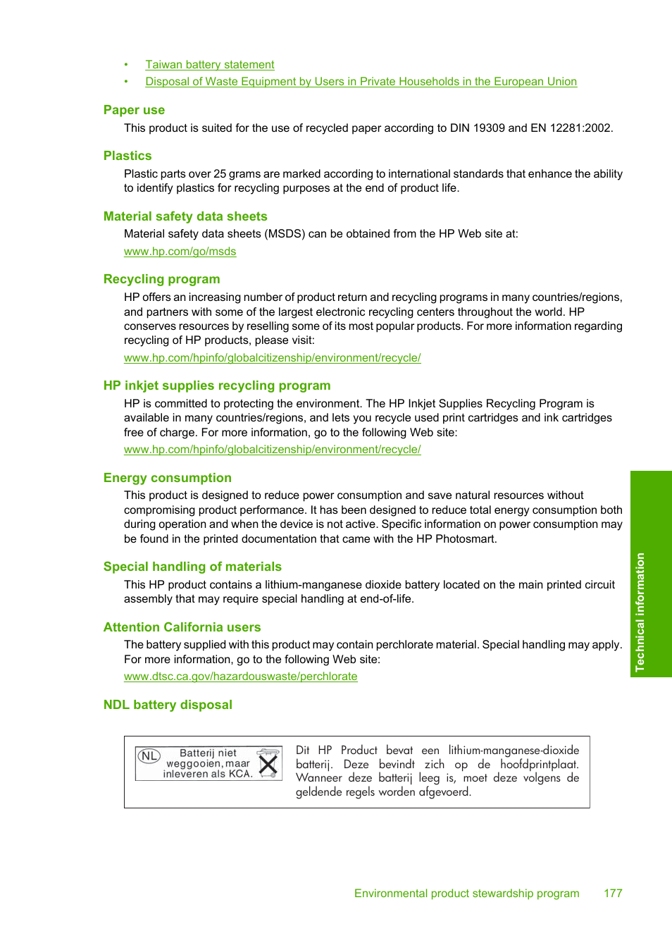 Paper use, Plastics, Material safety data sheets | Recycling program, Hp inkjet supplies recycling program, Energy consumption, Special handling of materials, Attention california users, Ndl battery disposal | HP Photosmart D7460 Printer User Manual | Page 178 / 191