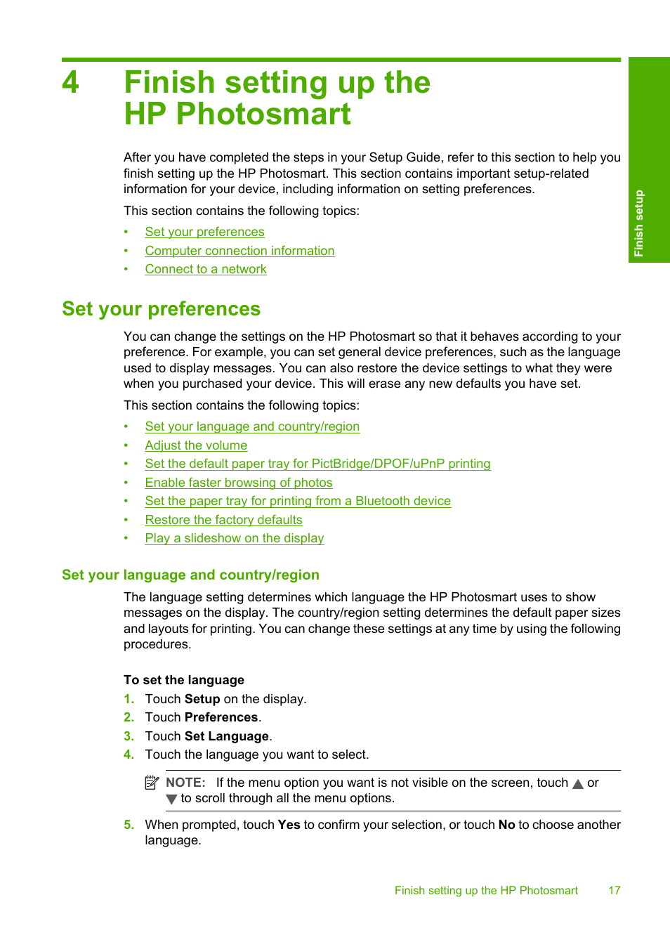 Finish setting up the hp photosmart, Set your preferences, Set your language and country/region | 4 finish setting up the hp photosmart, 4finish setting up the hp photosmart | HP Photosmart D7460 Printer User Manual | Page 18 / 191