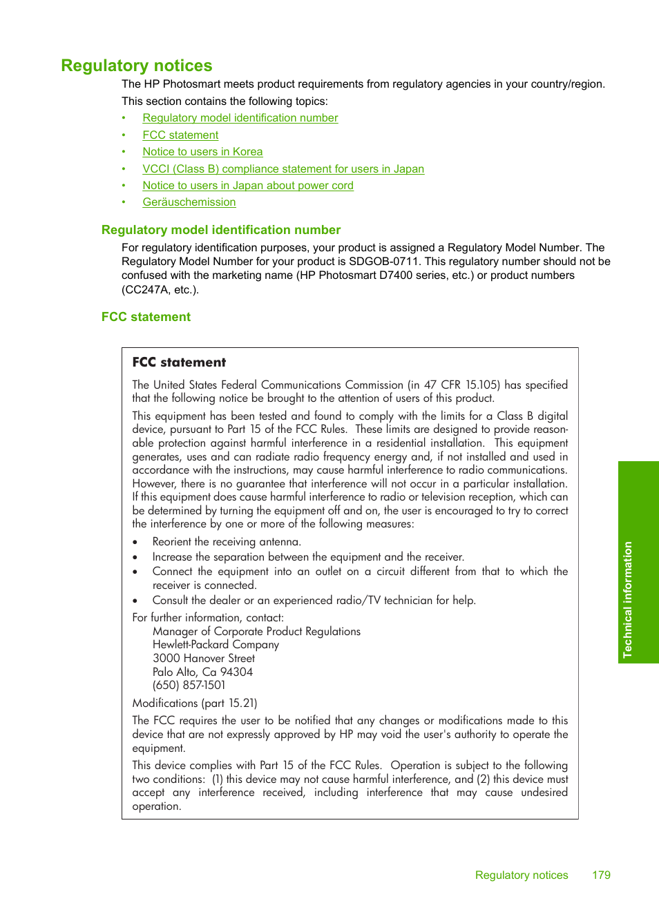 Regulatory notices, Regulatory model identification number, Fcc statement | HP Photosmart D7460 Printer User Manual | Page 180 / 191