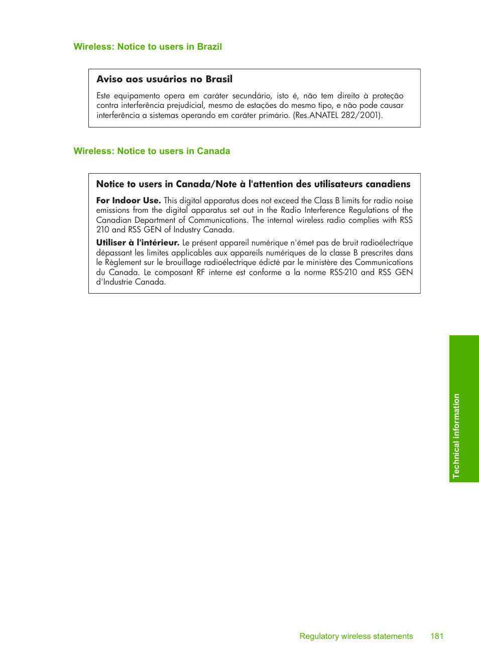 Wireless: notice to users in brazil, Wireless: notice to users in canada | HP Photosmart D7460 Printer User Manual | Page 182 / 191