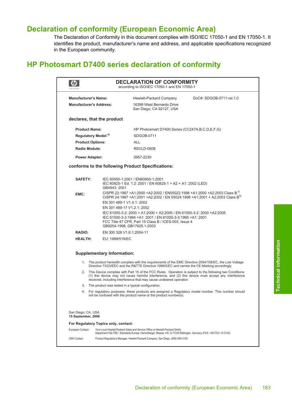 Declaration of conformity (european economic area), Declaration of conformity | HP Photosmart D7460 Printer User Manual | Page 184 / 191