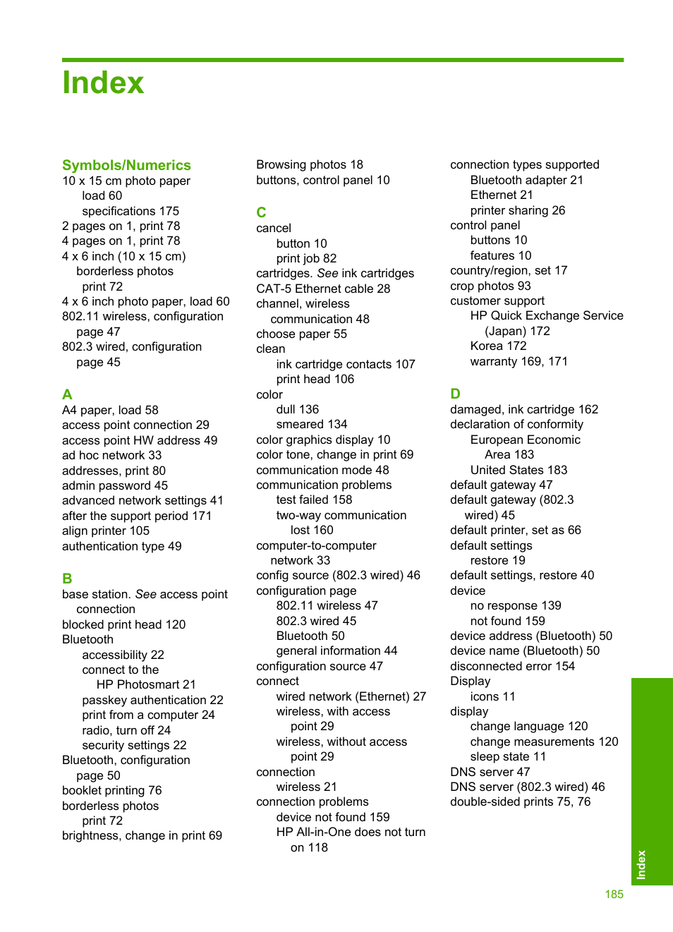 Index | HP Photosmart D7460 Printer User Manual | Page 186 / 191