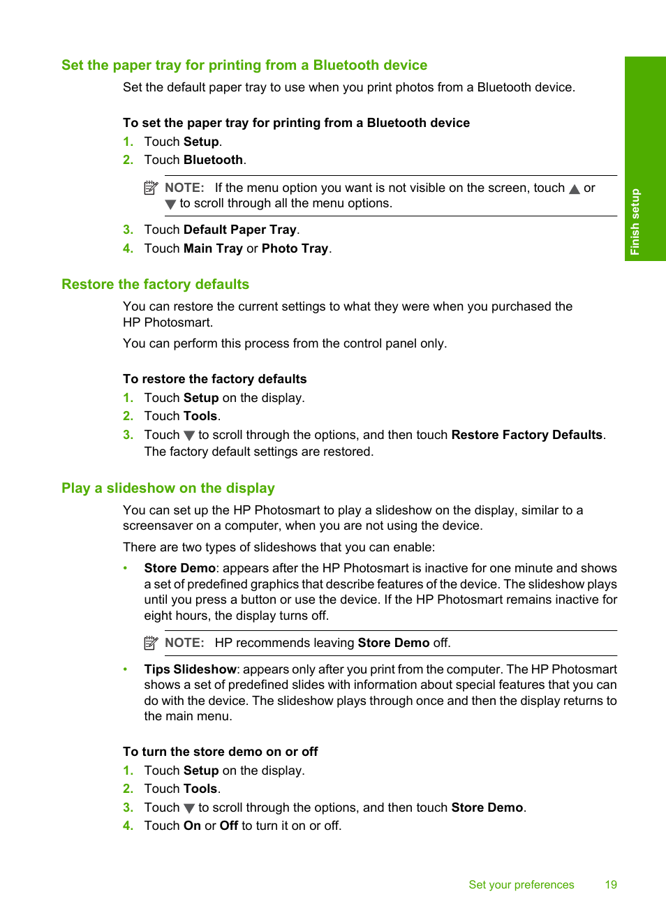 Restore the factory defaults, Play a slideshow on the display | HP Photosmart D7460 Printer User Manual | Page 20 / 191