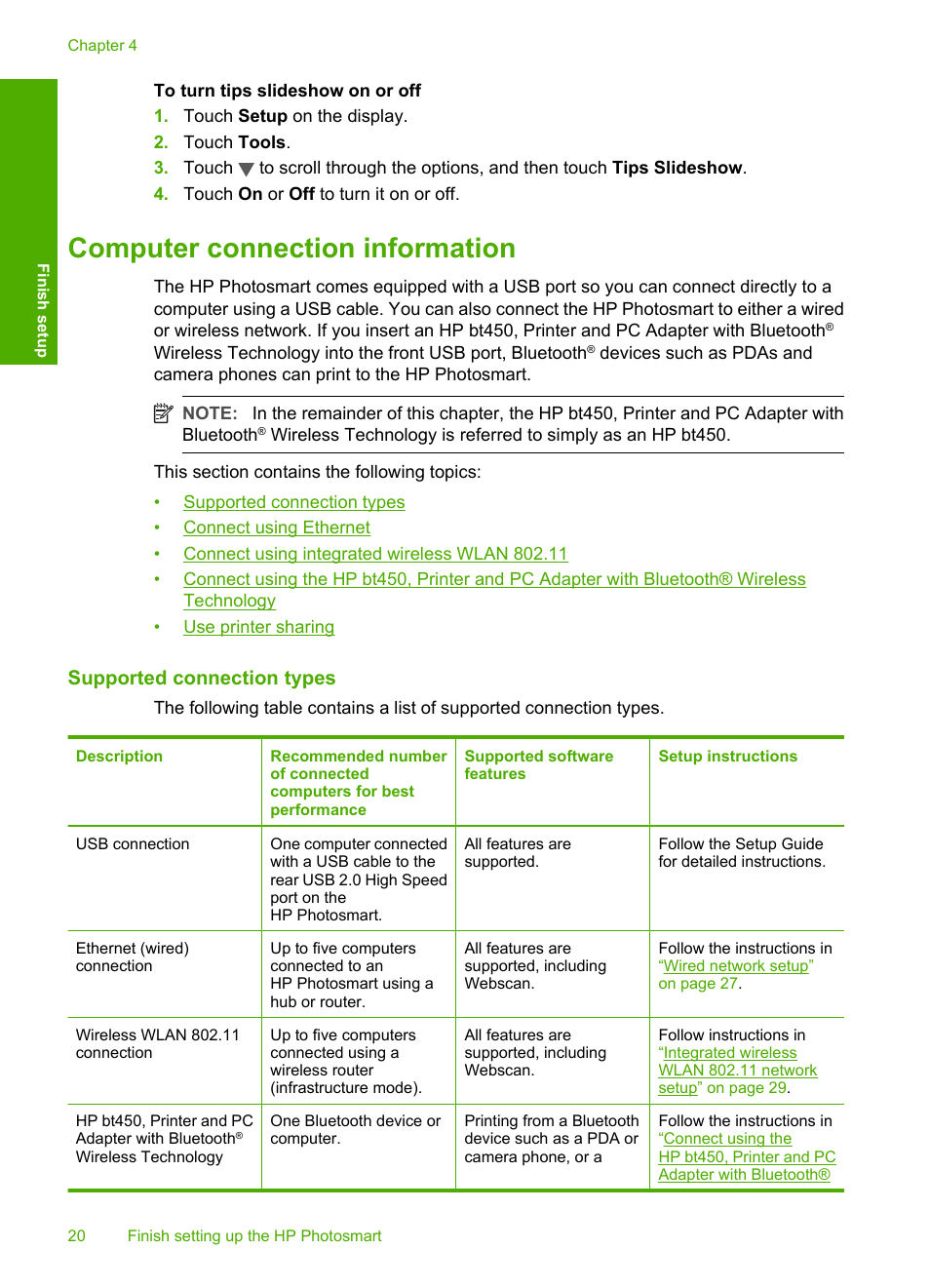 Computer connection information, Supported connection types, Wireless | Technology, Connection to print from your computer, Use printer sharing | HP Photosmart D7460 Printer User Manual | Page 21 / 191