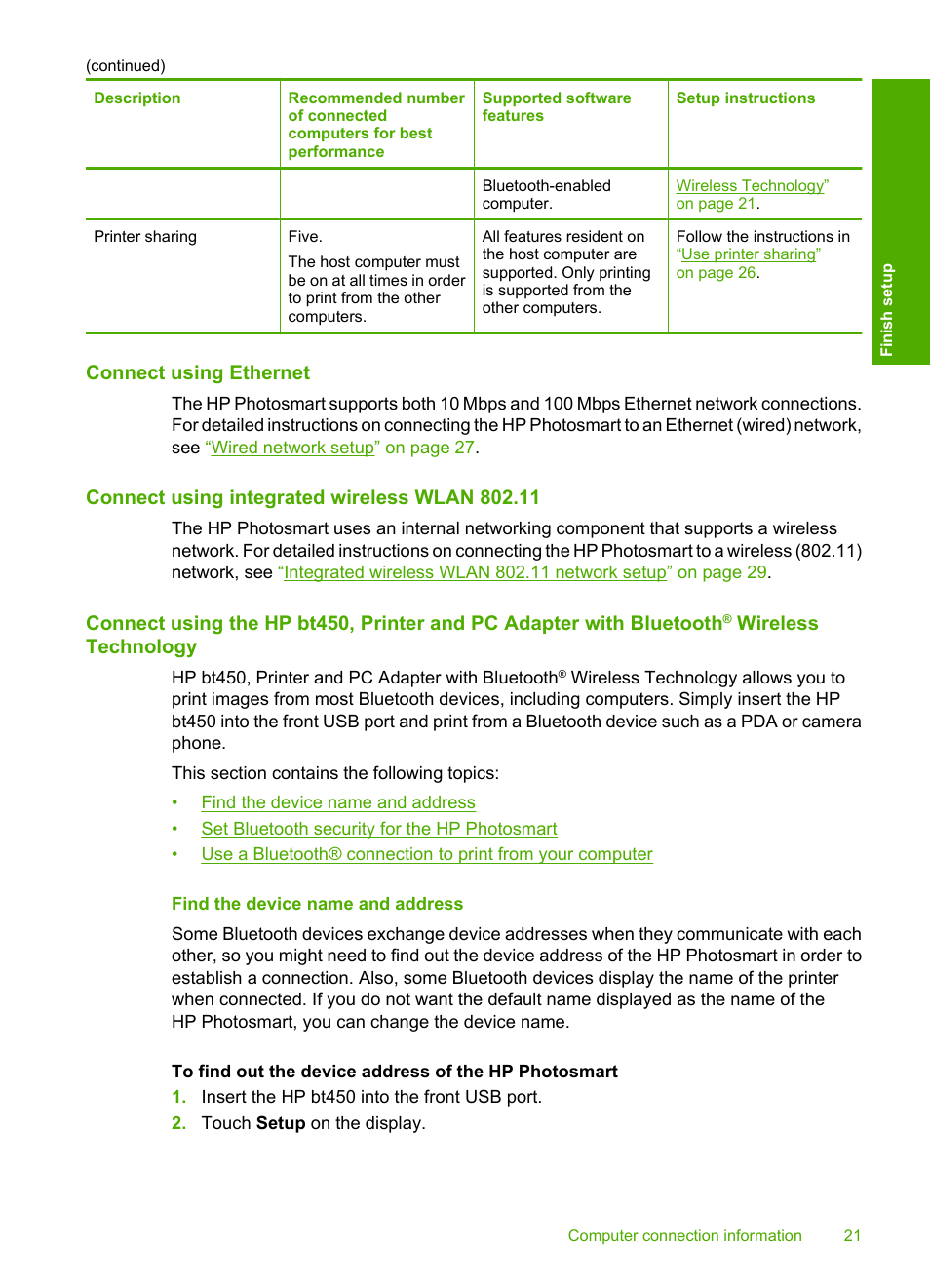 Connect using ethernet, Connect using integrated wireless wlan 802.11, Find the device name and address | HP Photosmart D7460 Printer User Manual | Page 22 / 191