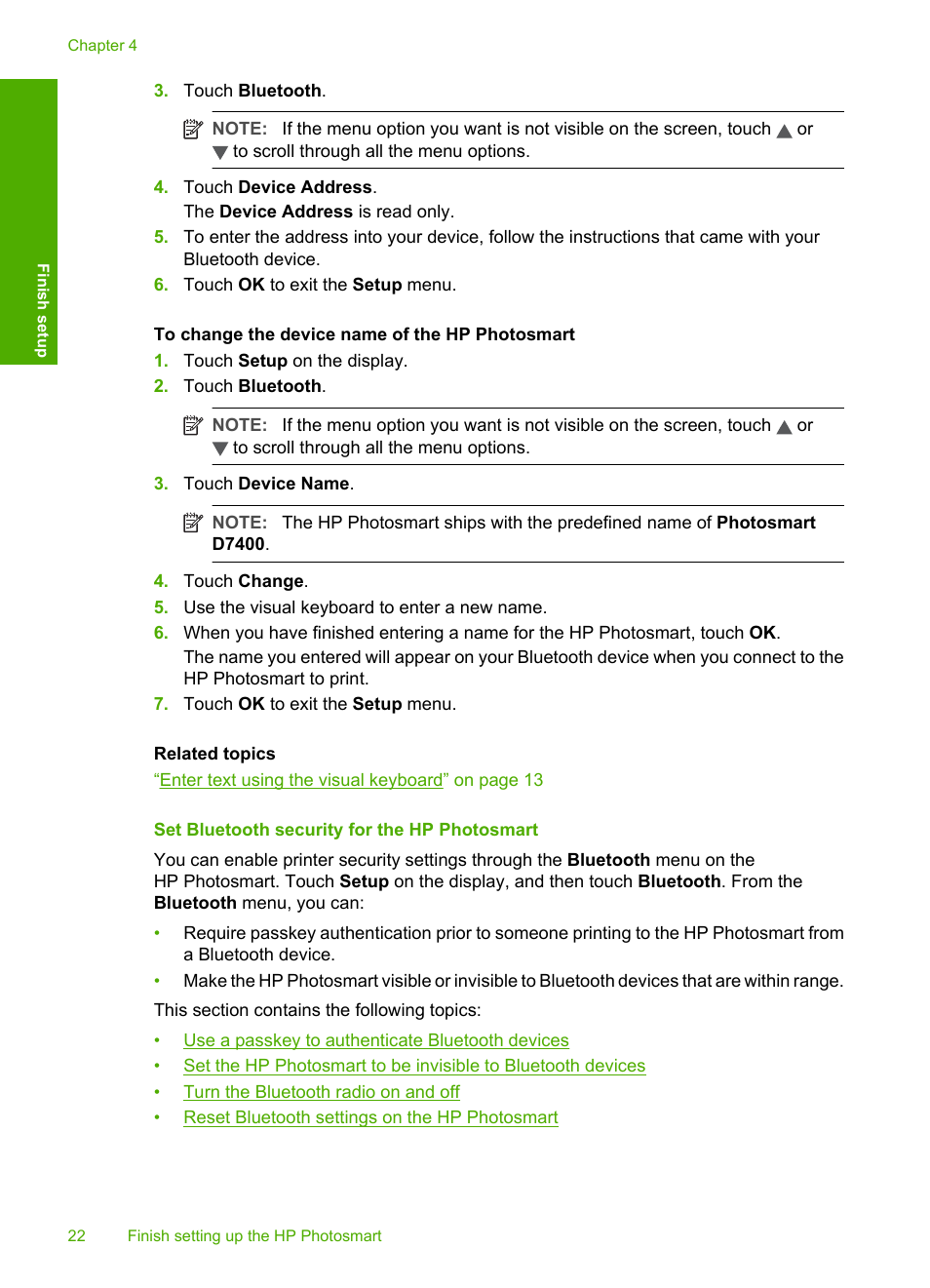 Set bluetooth security for the hp photosmart | HP Photosmart D7460 Printer User Manual | Page 23 / 191
