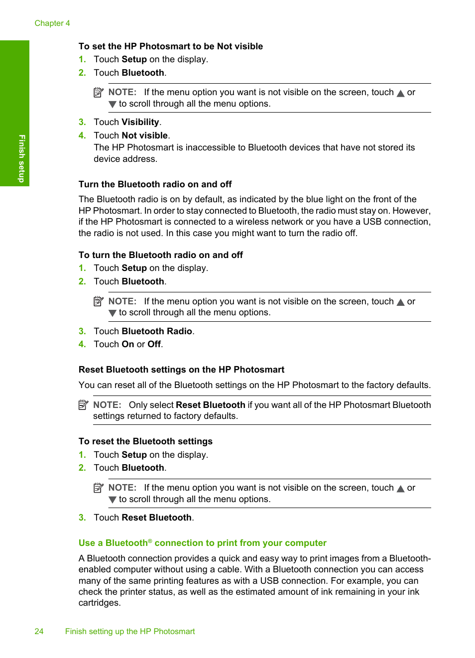 Turn the bluetooth radio on and off, Reset bluetooth settings on the hp photosmart | HP Photosmart D7460 Printer User Manual | Page 25 / 191