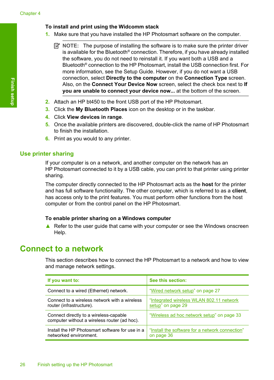 Use printer sharing, Connect to a network, Wired network setup | Integrated wireless wlan 802.11 network setup, Wireless ad hoc network setup, Network glossary | HP Photosmart D7460 Printer User Manual | Page 27 / 191