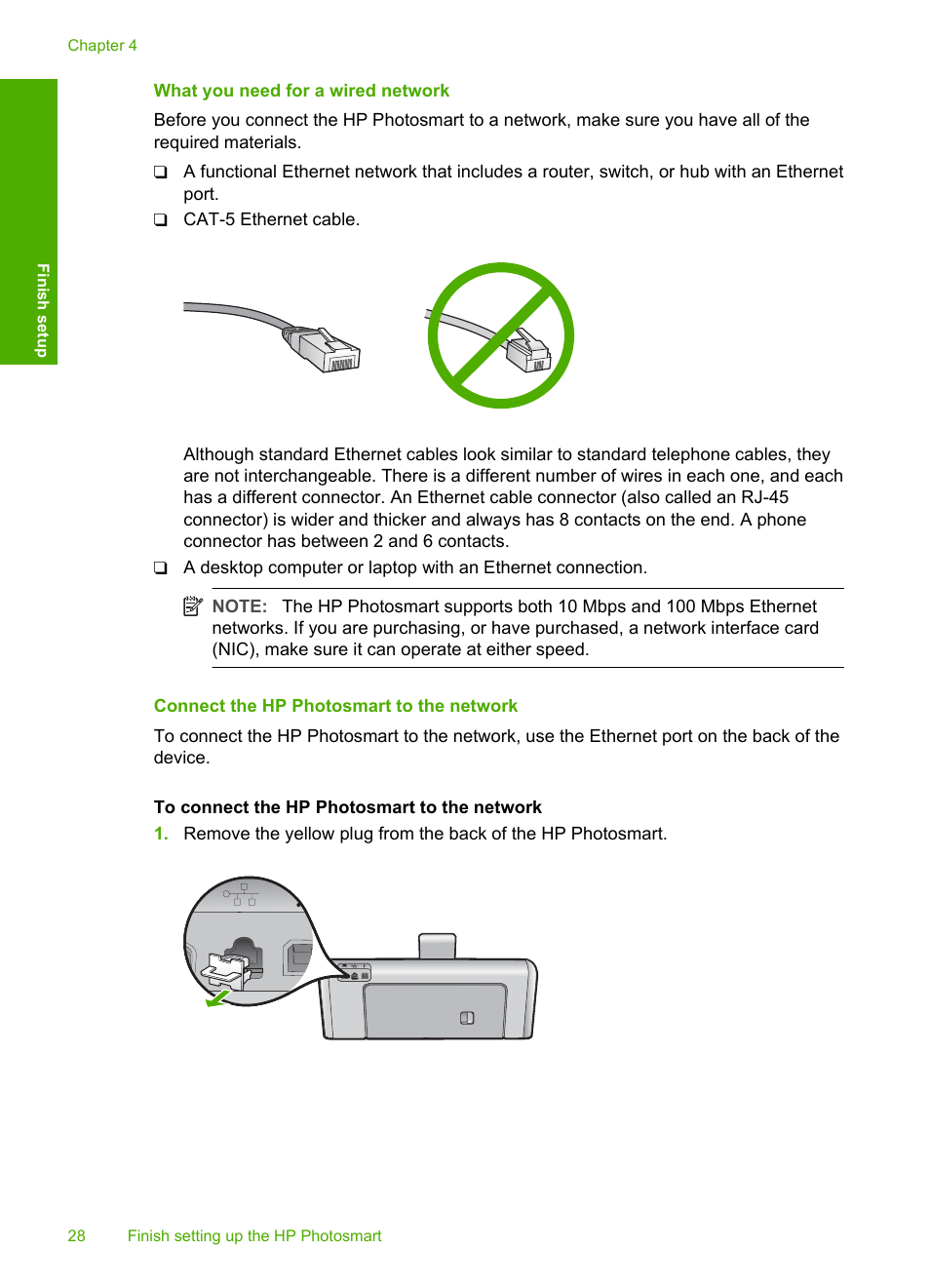 What you need for a wired network, Connect the hp photosmart to the network | HP Photosmart D7460 Printer User Manual | Page 29 / 191