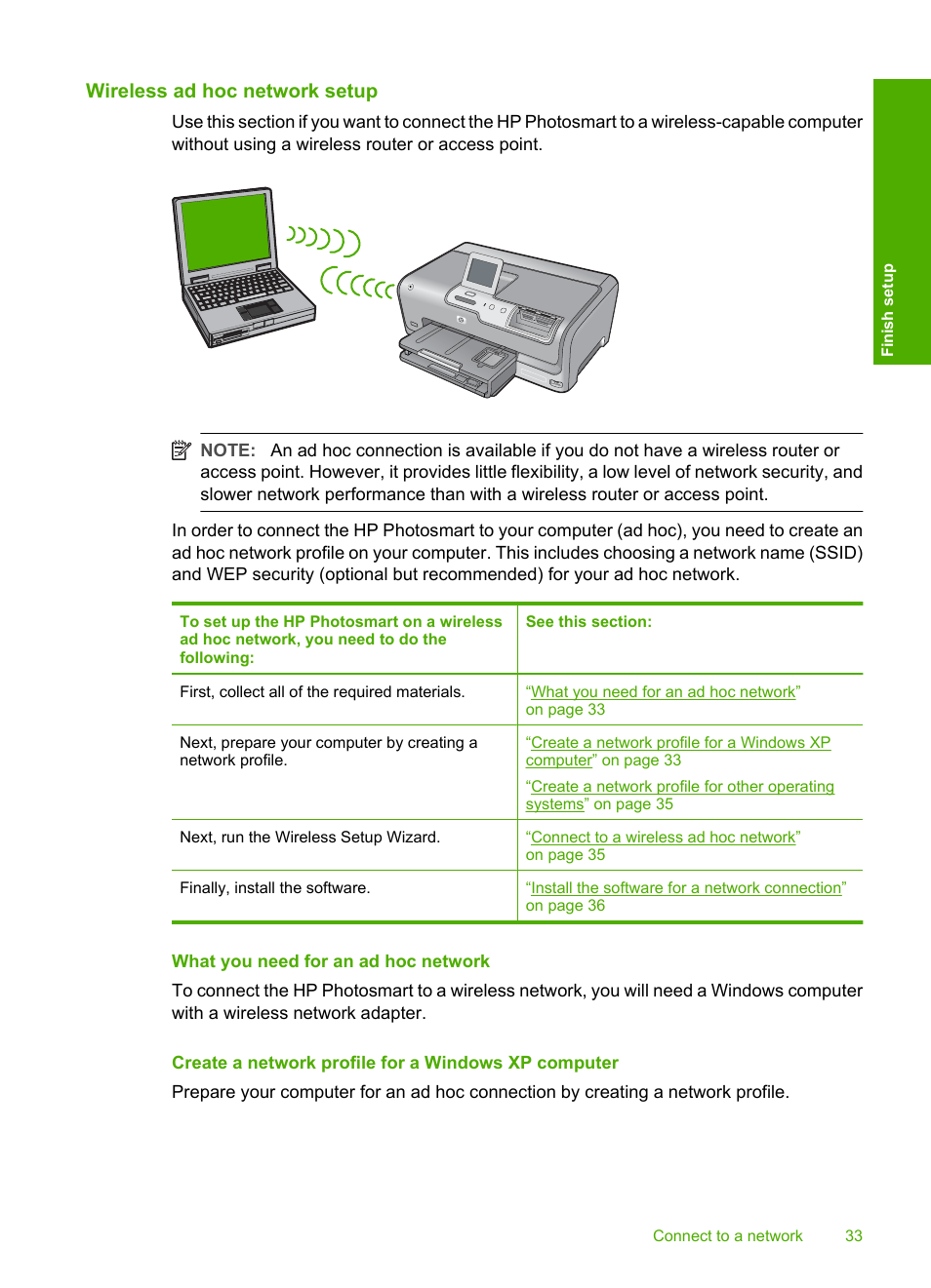 Wireless ad hoc network setup, What you need for an ad hoc network, Create a network profile for a windows xp computer | HP Photosmart D7460 Printer User Manual | Page 34 / 191